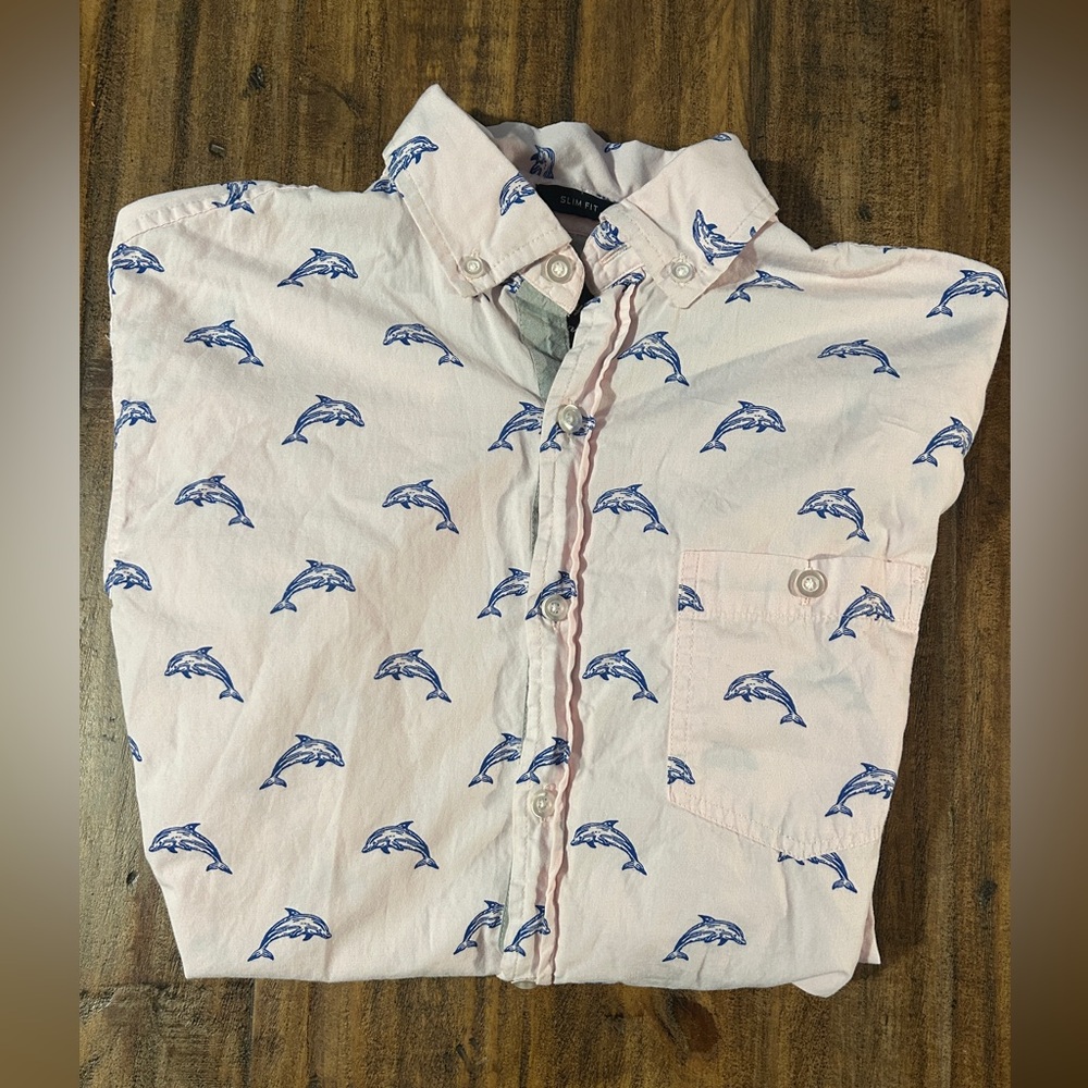 Artistry In Motion Men’s Small Dolphin Print Short Sleeve Button-Down Shirt